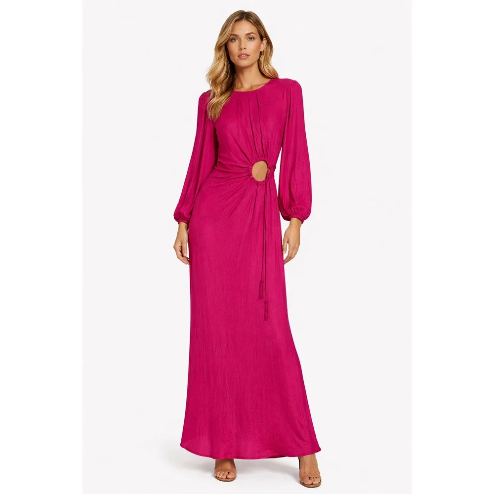 Farm Rio Cutout Maxi Dress Size Medium Tassel Magenta Blouson Sleeves Cocktail - Picture 10 of 10